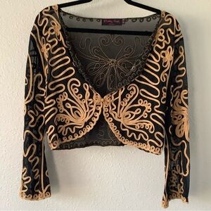 Pretty Angel Black Gold Art Deco Artsy Festival Mesh Swirl Bolero Cardigan M